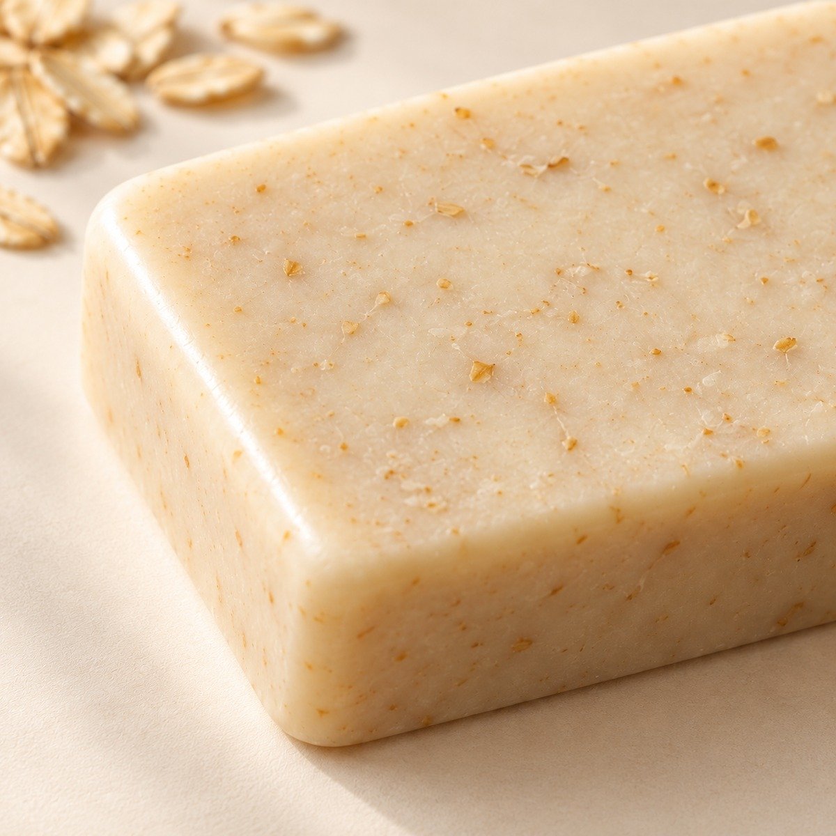Close-up of the speckled oatmeal soap surface and edge