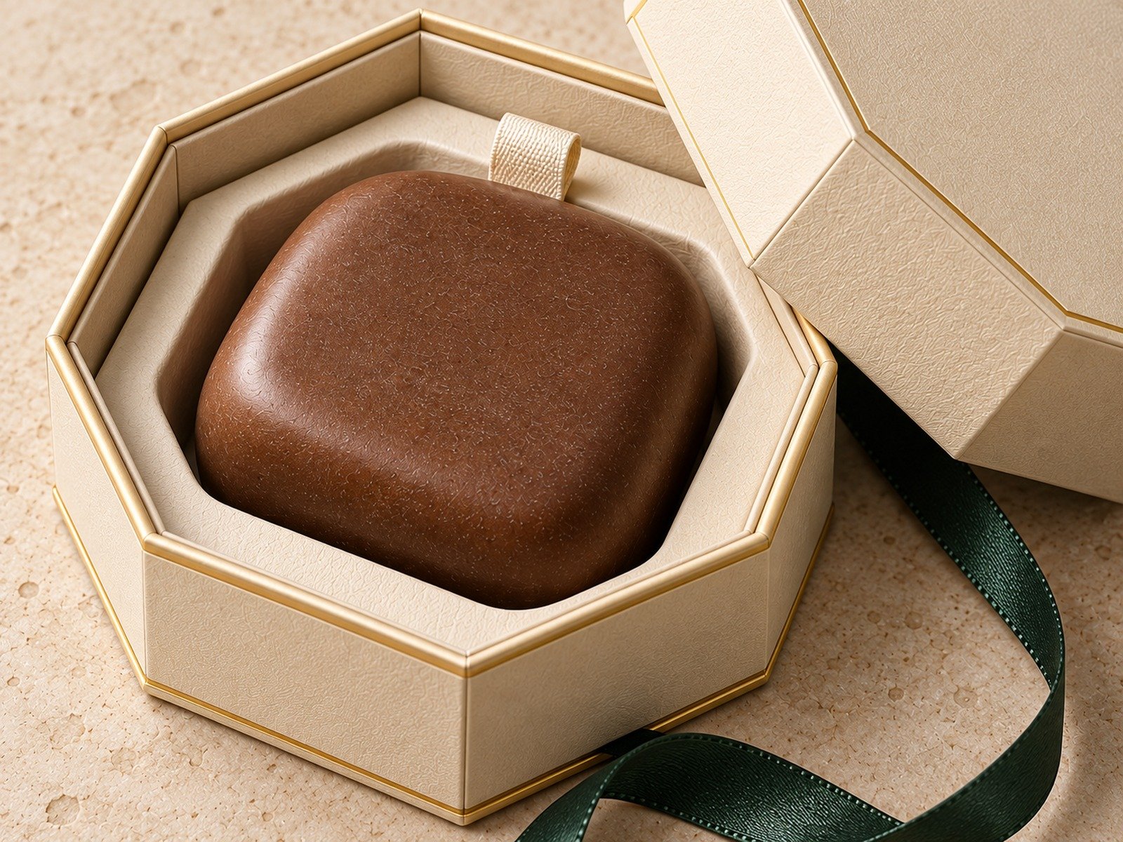 Close-up of brown soap, fitted ivory insert and the eight-sided box