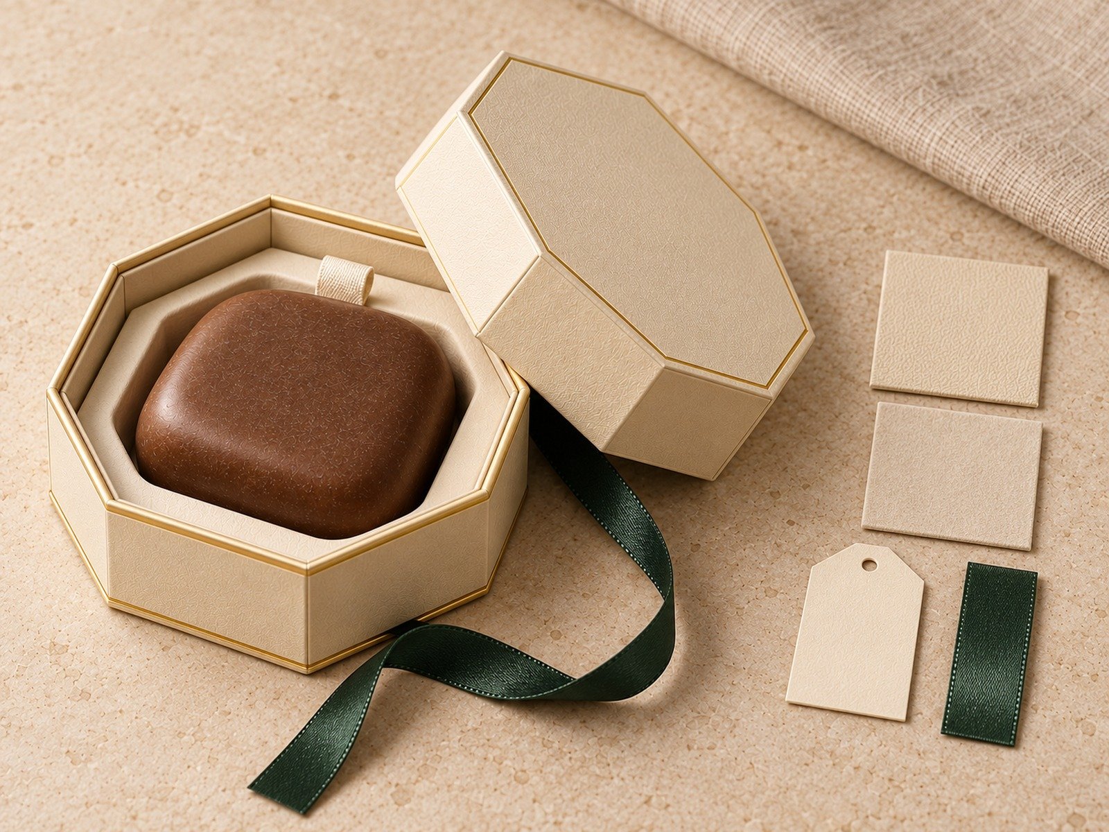 Ivory octagonal soap gift box with green ribbon and coordinated cards