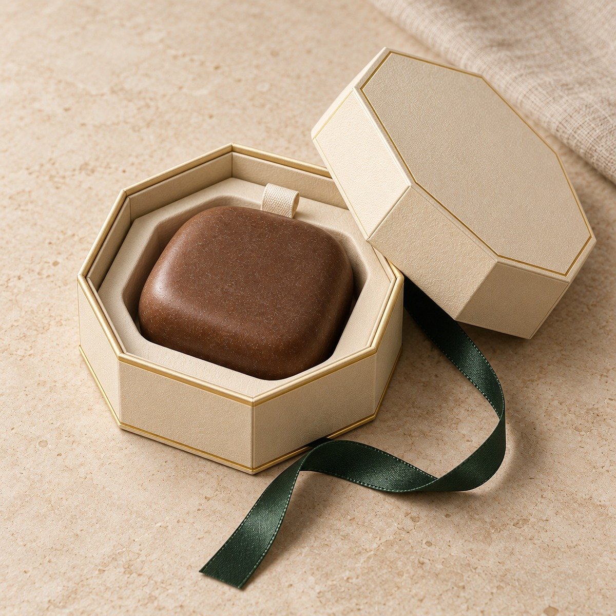 Brown rounded-square soap in an ivory octagonal gift box with a green ribbon