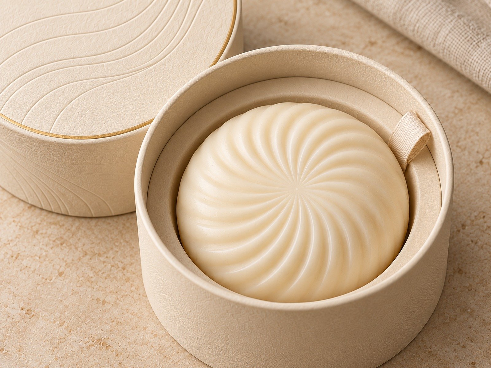 Close-up of the spiral soap surface and fitted round box interior