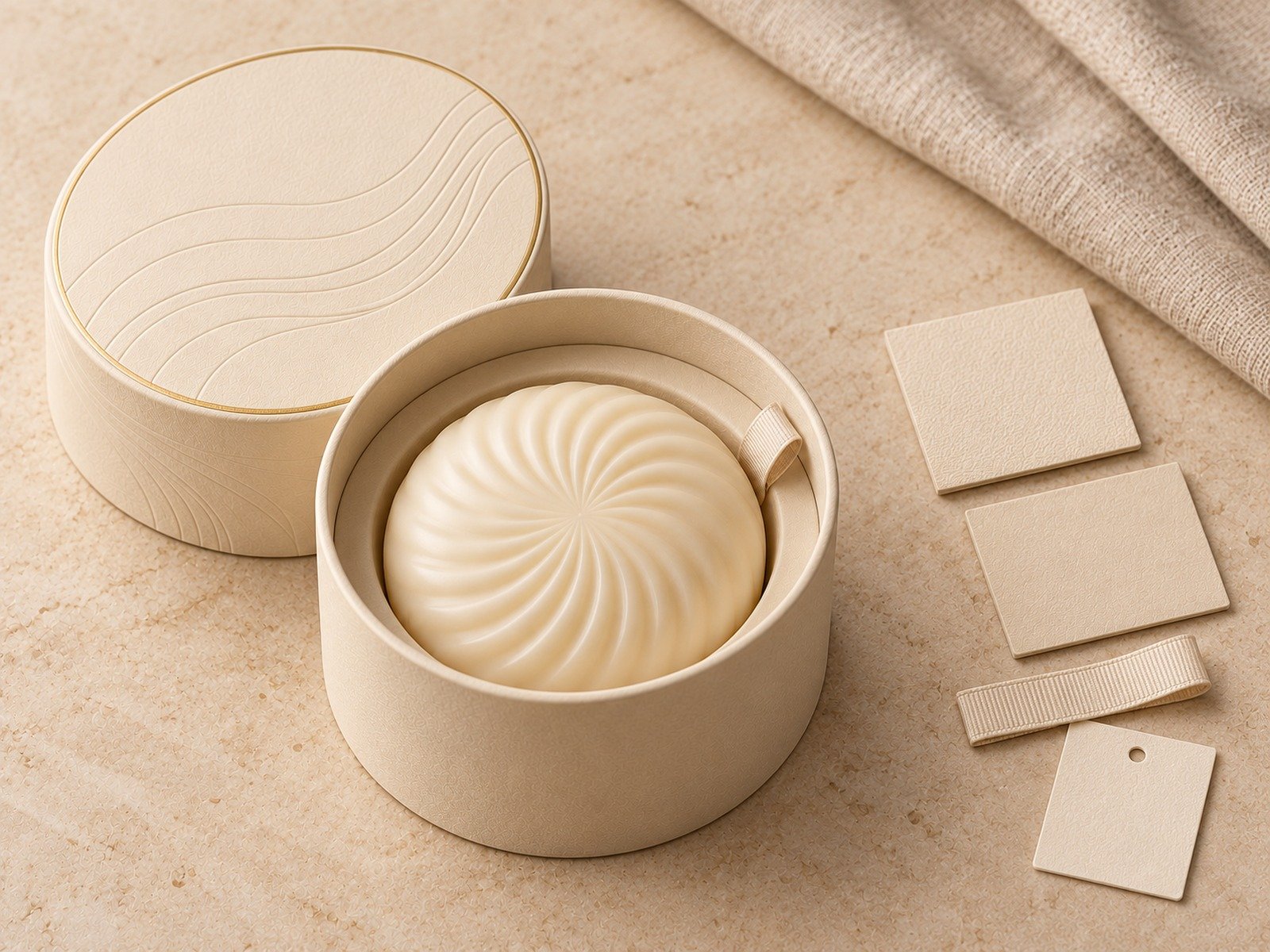 Round ivory soap gift box with coordinated cards and packaging accessories