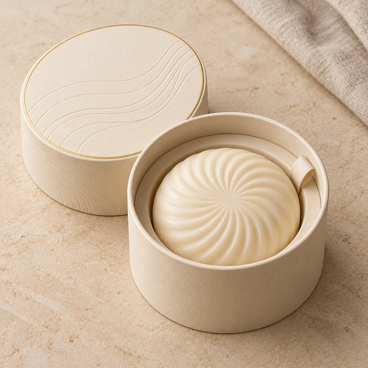 Ivory spiral-pattern round soap in a matching round tube gift box
