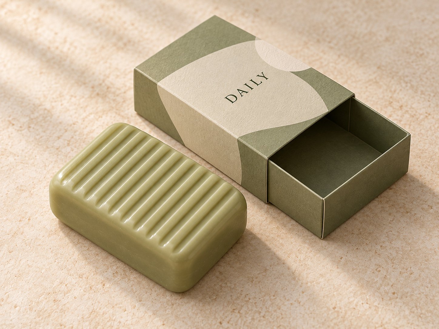 Parallel ridges on a sage green rectangular soap beside its box