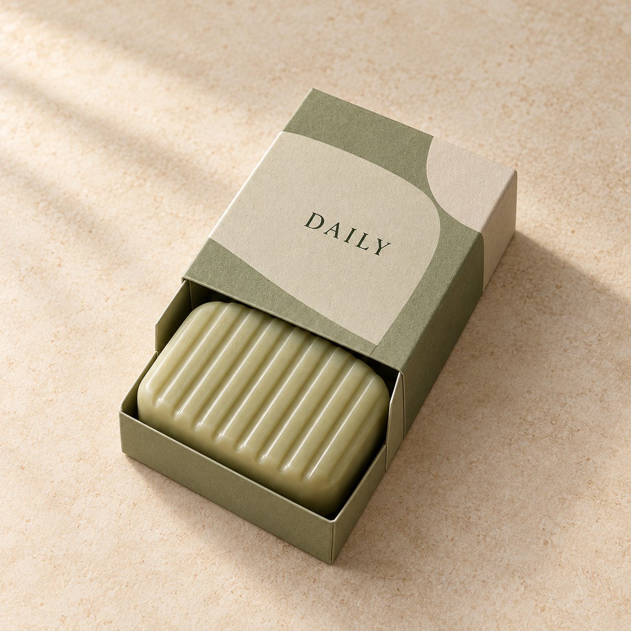 Sage green ridged rectangular soap in a matching drawer box