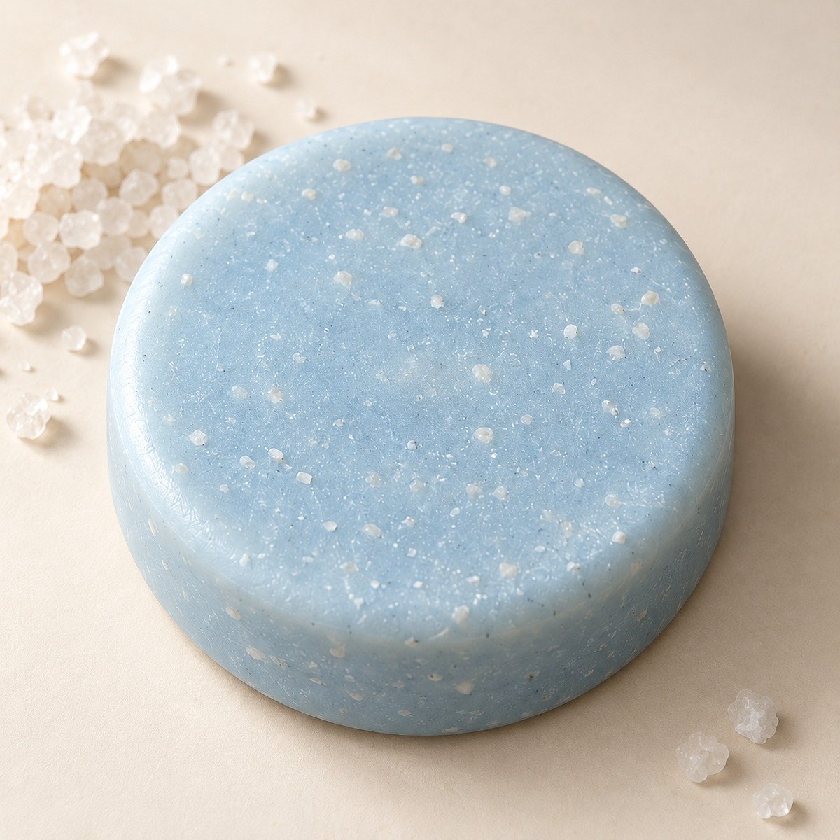 Blue rounded sea salt soap bar beside salt crystals