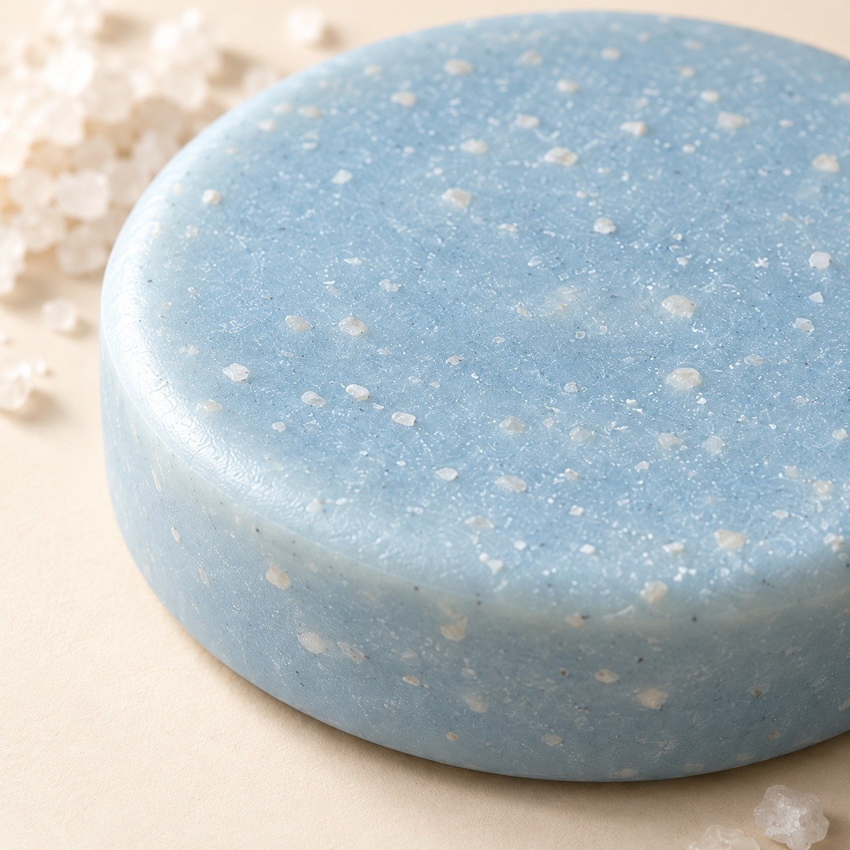 Close-up of the blue sea salt soap surface and edge