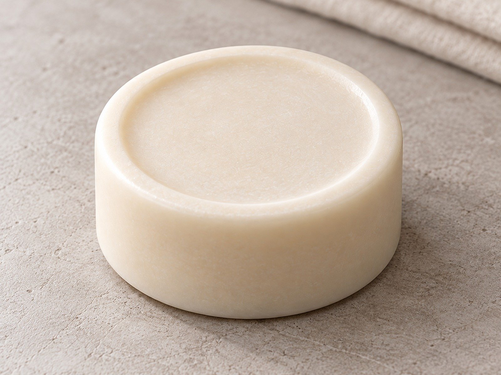 Close-up of the smooth ivory shaving soap puck and shallow recessed top