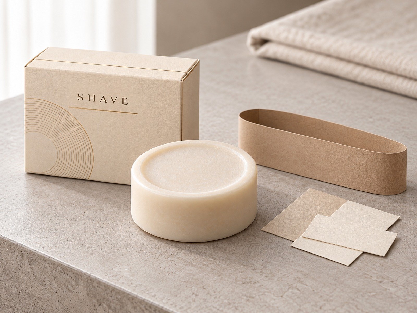 Round shaving soap with a beige box, paper sleeve and matching printed cards
