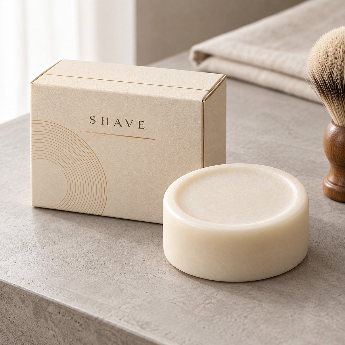 Ivory round shaving soap puck beside a beige SHAVE box and a shaving brush
