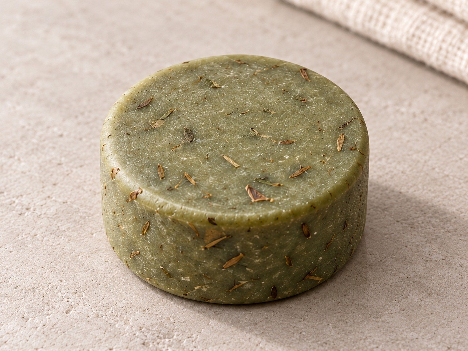 Close-up of a green round shampoo bar showing its surface and edges