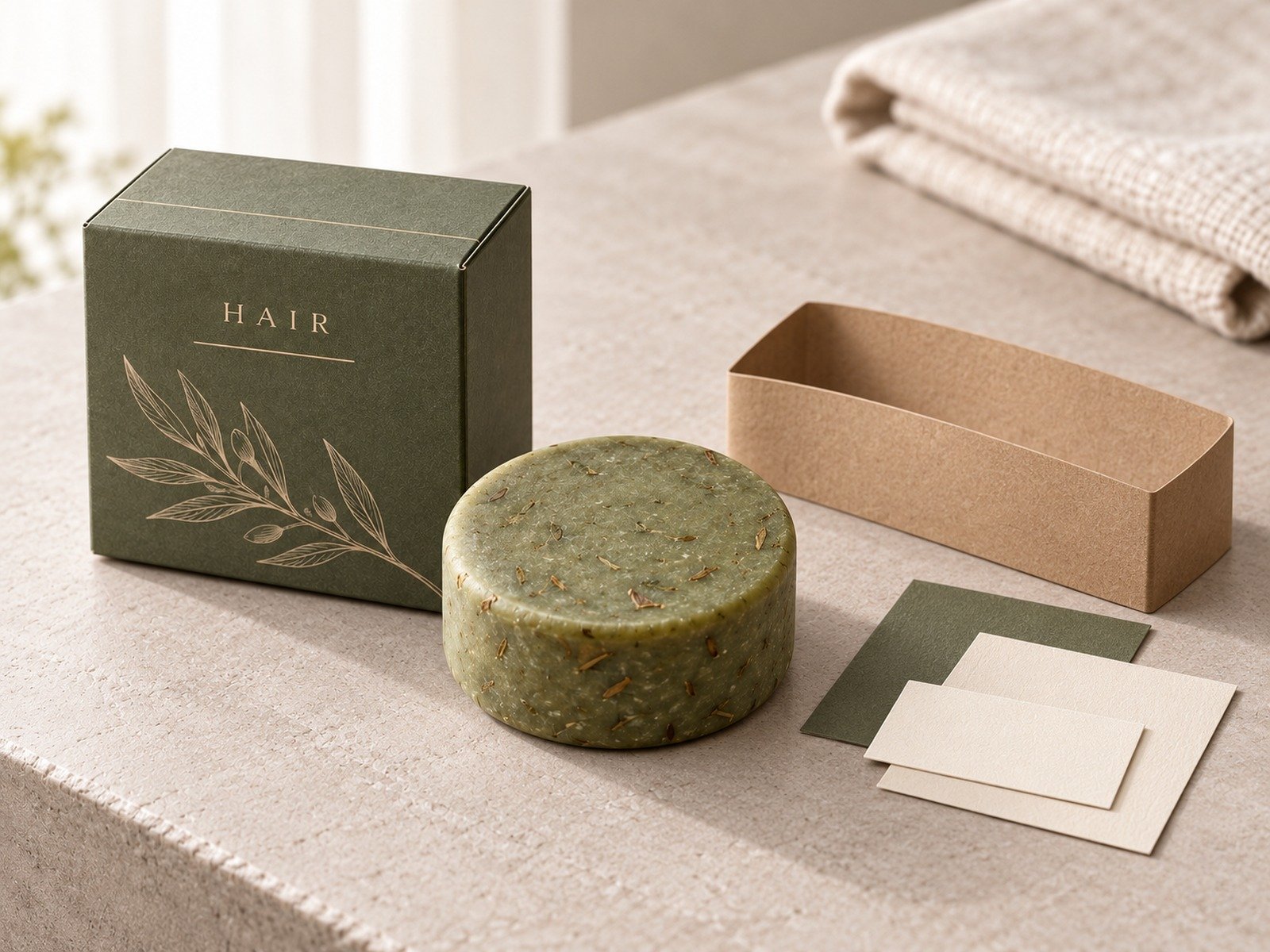 Solid shampoo bar packaging concept with a box, paper sleeve and label cards