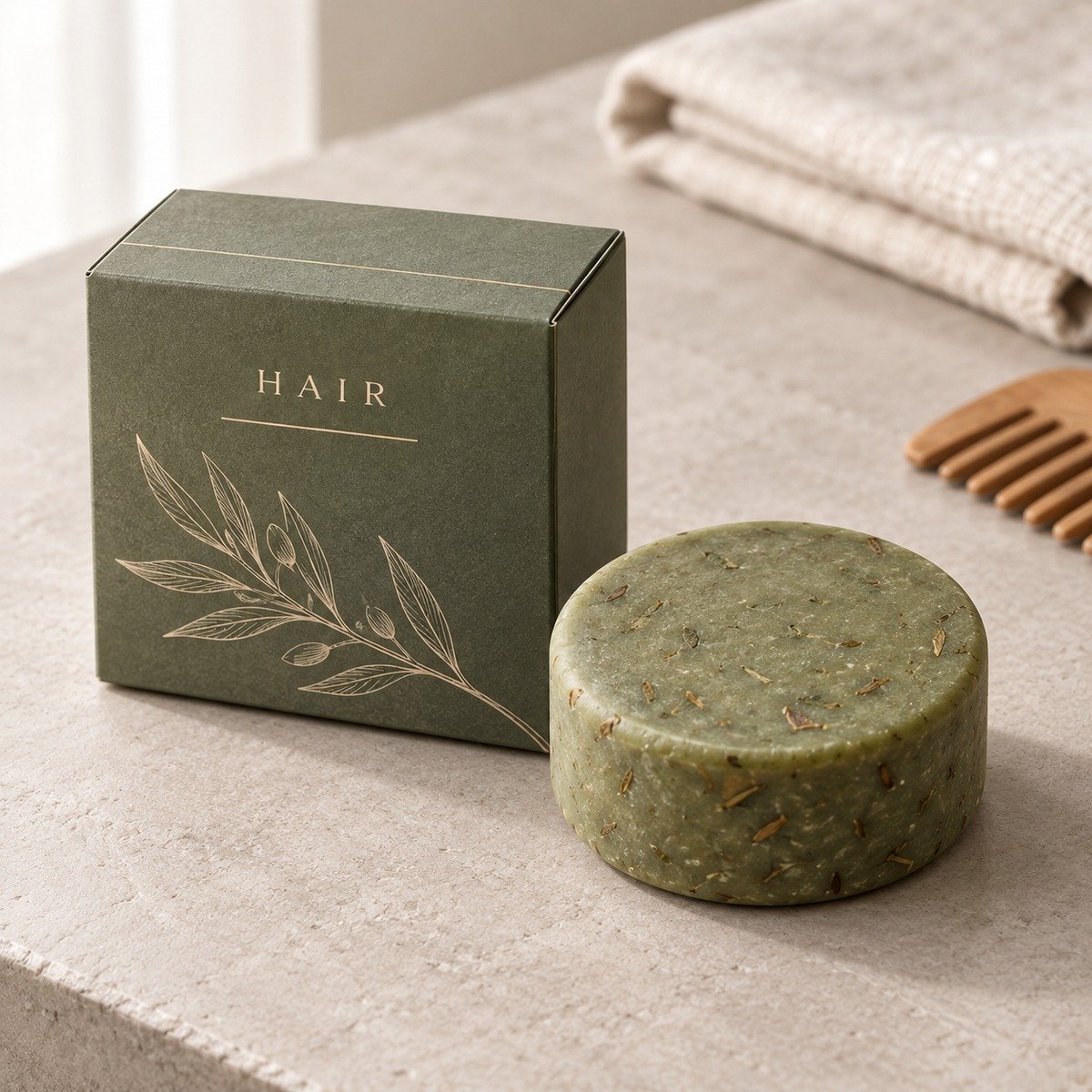 Green round solid shampoo bar with olive-green packaging