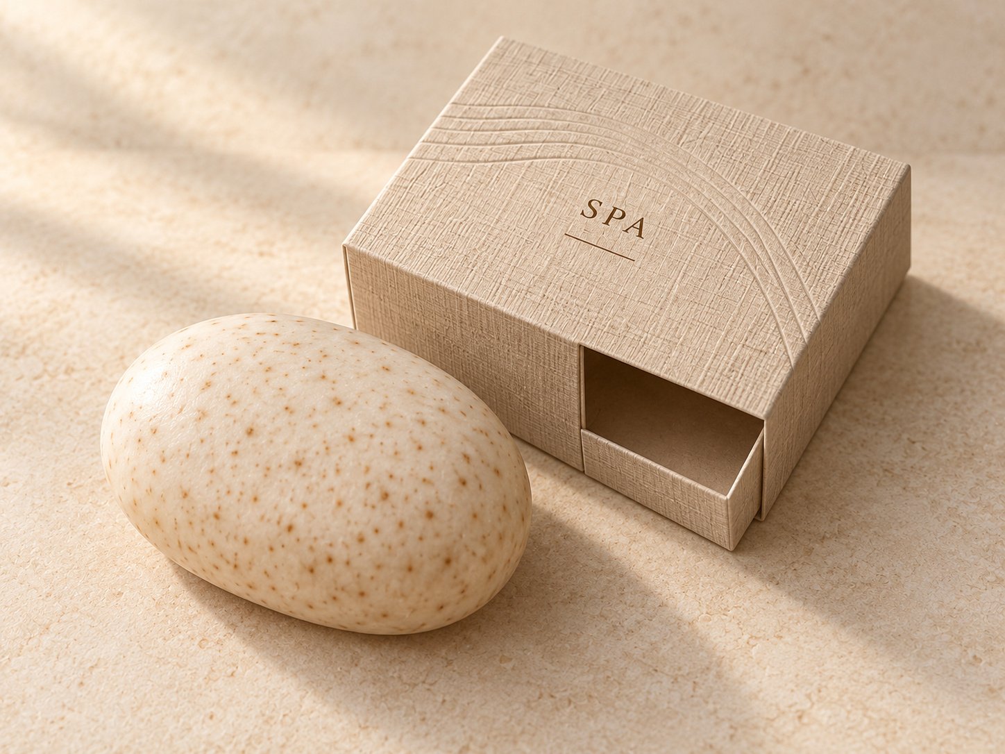 Speckled oval soap beside a beige textured SPA box