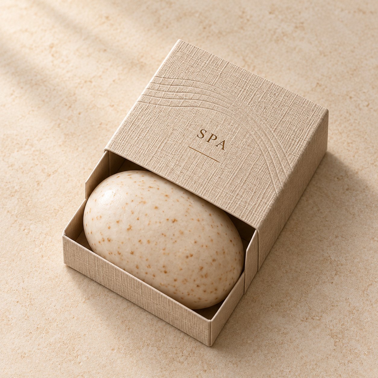 Speckled ivory oval SPA soap in a textured beige drawer box