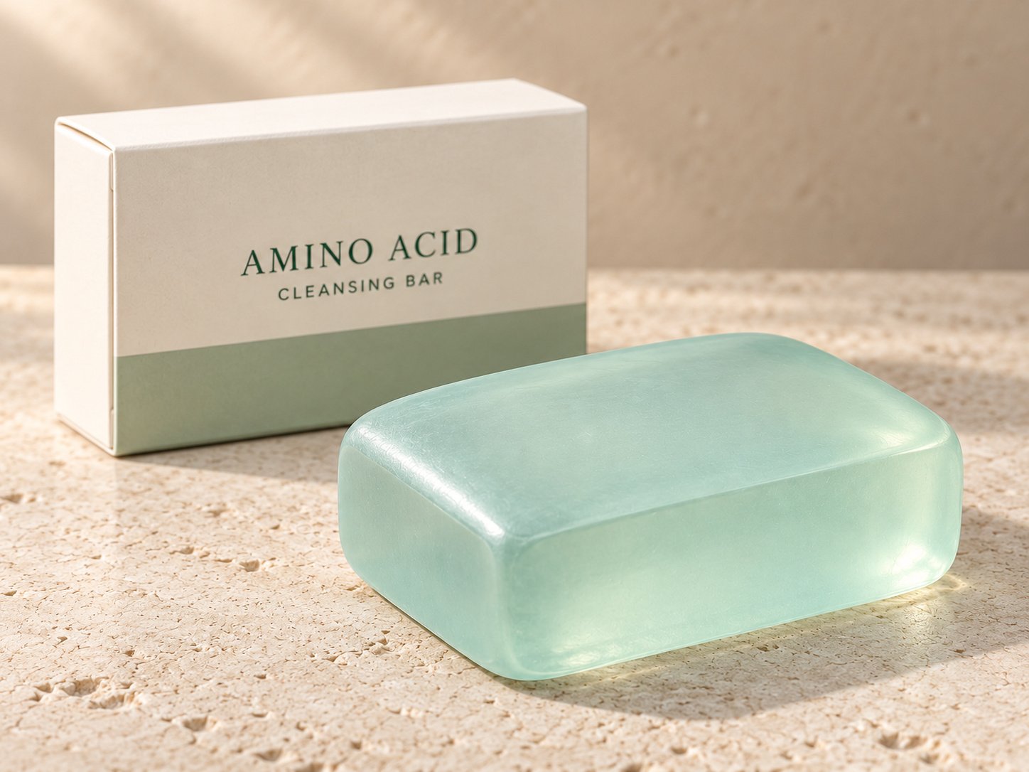Transparent amino acid cleansing bar showing its translucent appearance and rounded rectangular edges