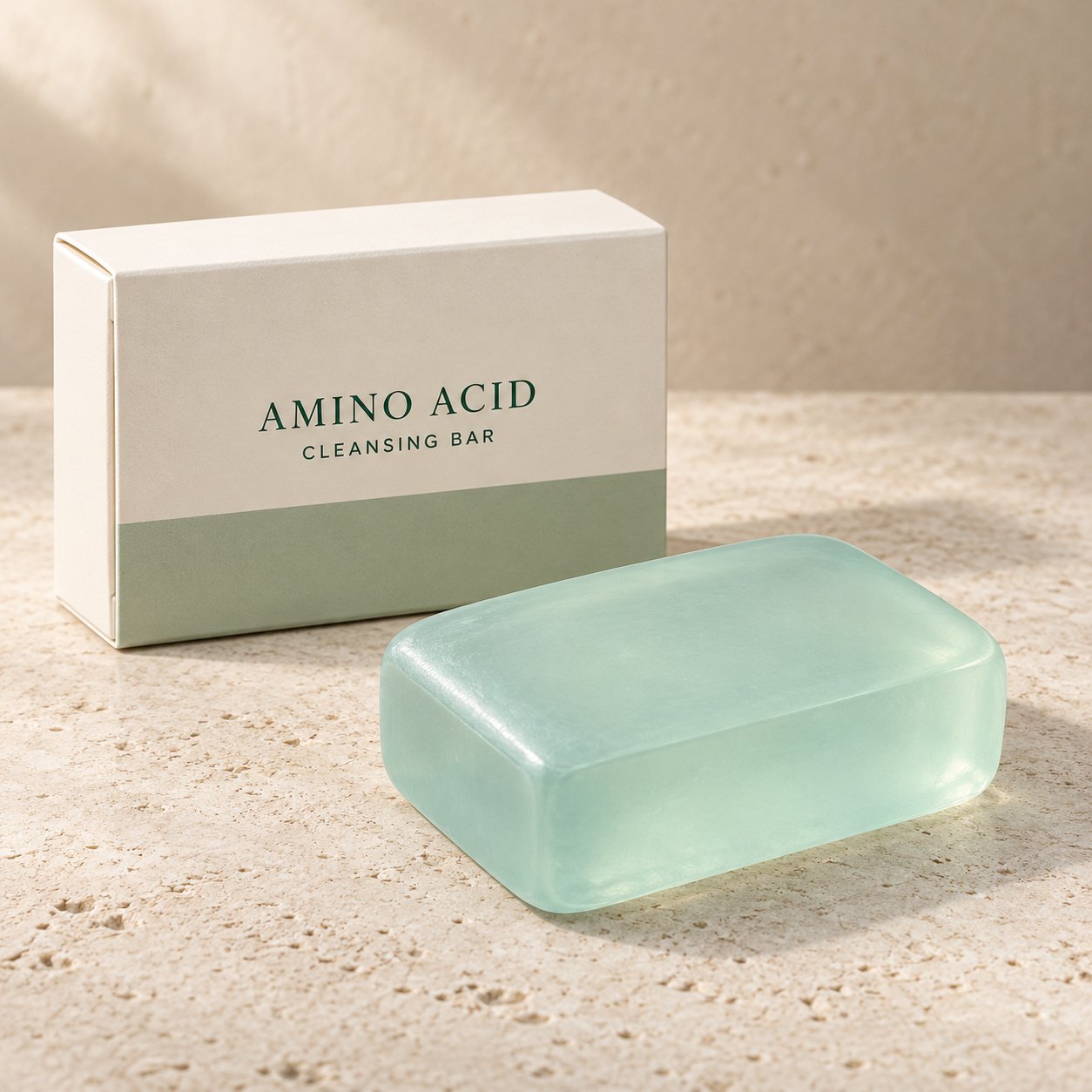 Pale aqua transparent amino acid cleansing bar with matching private label box