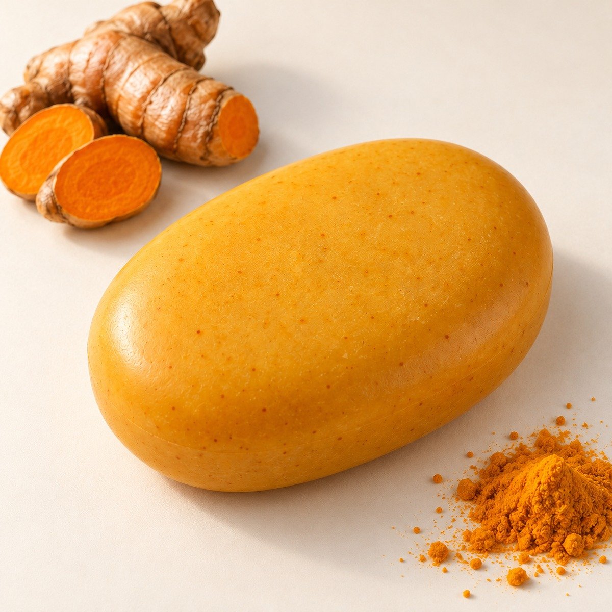 Golden oval turmeric soap bar with turmeric roots and powder