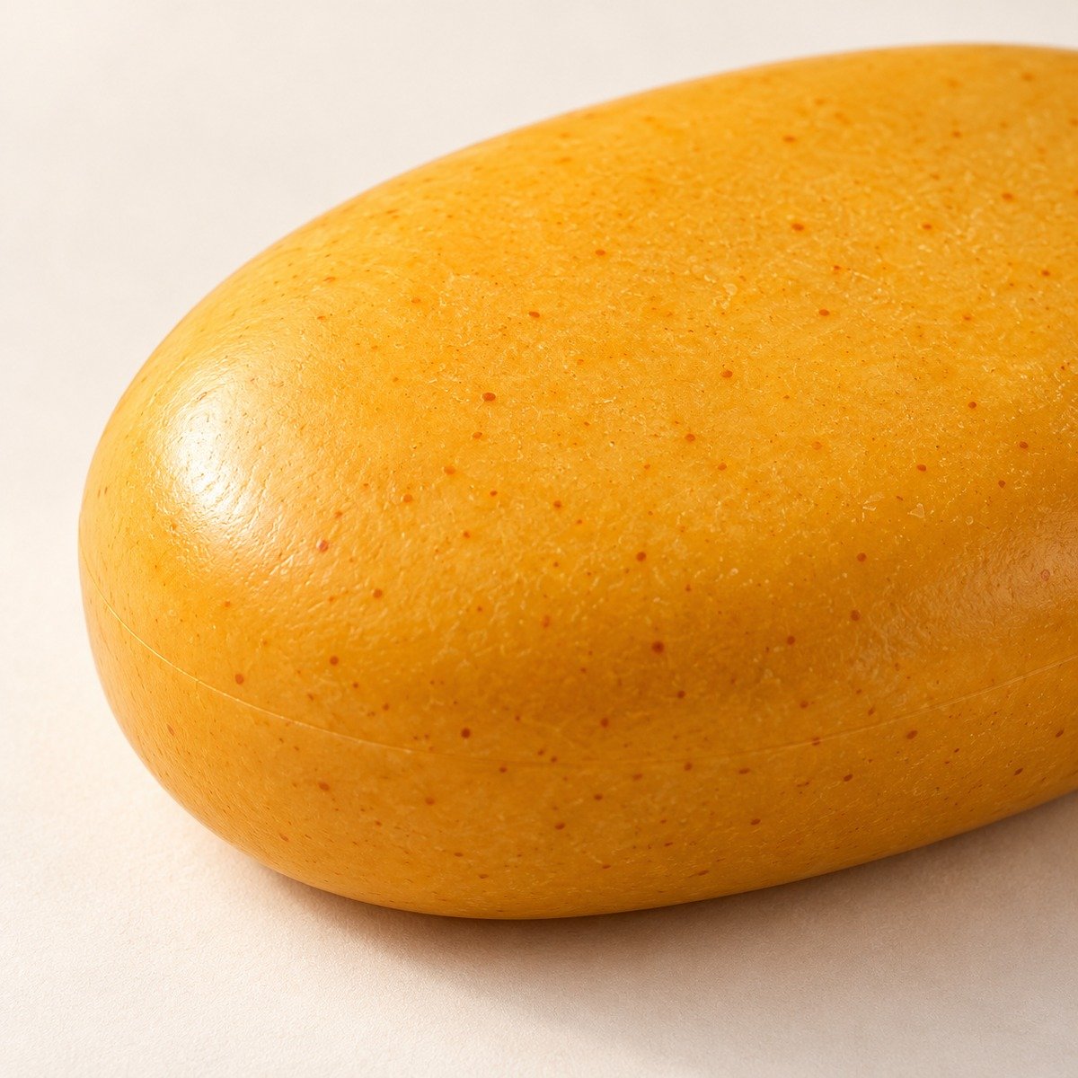 Close-up of the golden turmeric soap surface and rounded edge